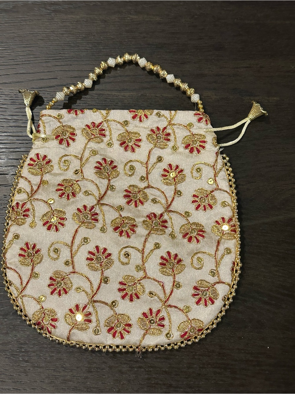 Beige and Red Embroidered Drawstring Women’s Potli Bag